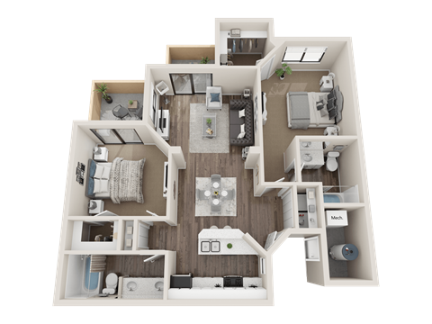 Floor plan for 2 beds, 2 baths, 1023 sqft